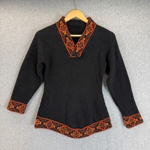 Pachamama Black Orange Knit Pullover Sweater VNeck Peru Alpaca Blend Tribal XS ?